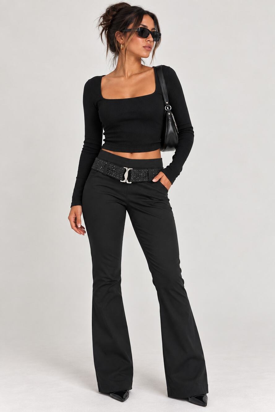 BCBGMAXAZRIA Women’s Size 6 Black Bootcut Pants Studded Belt Y2K Stretch